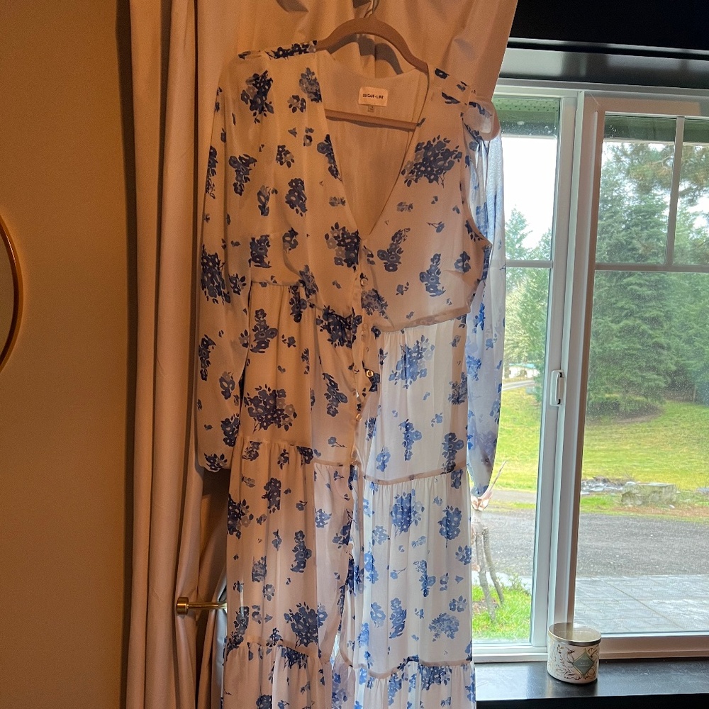 Blue and white floral maxi dress long sheet sleeve